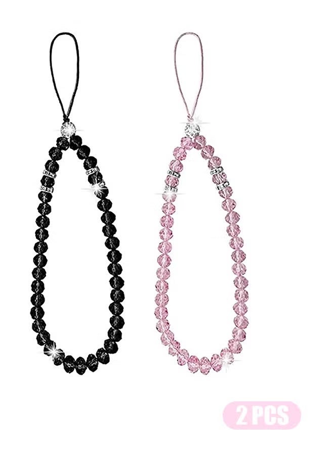 طقم 2 حزام جوال من خرز كريستال لامع – رباط يد قصير للهاتف والكاميرا والشنط للبنات والنساء (أسود ووردي) - Image 1